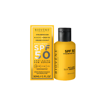 Biovène SPF50 Anti-Aging Sun Serum with Hyaluronic Acid – 30ml Skincare Bottle
